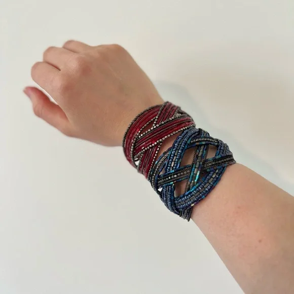 Vintage 90s Y2k Glass Seed Bead Wrap Bracelet Cuffs - Set of 2: Red & Blue - Picture 5 of 5